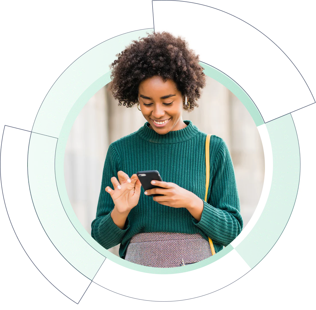 A woman gazes at her phone while standing in a tech circle , highlighting her focus on the device. A woman gazes at her phone while standing in a tech circle , highlighting her focus on the device.